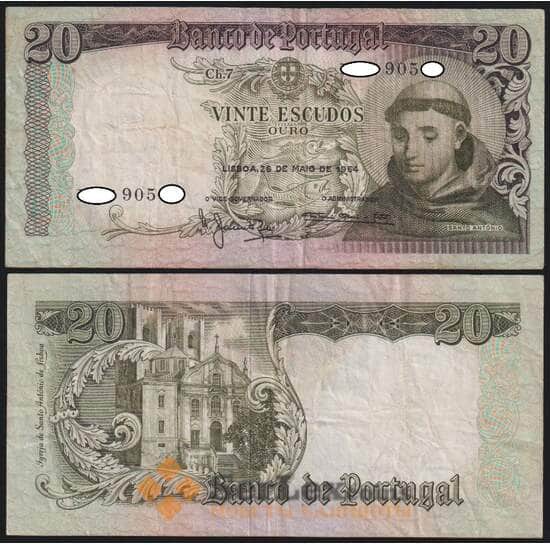 Португалия банкнота 20 эскудо 1964 Р167 F арт. 48283