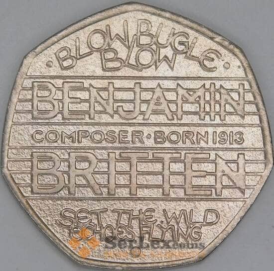 Великобритания 50 пенсов 2013 КМ1253 aUNC Бенжамин Бриттен арт. 56775