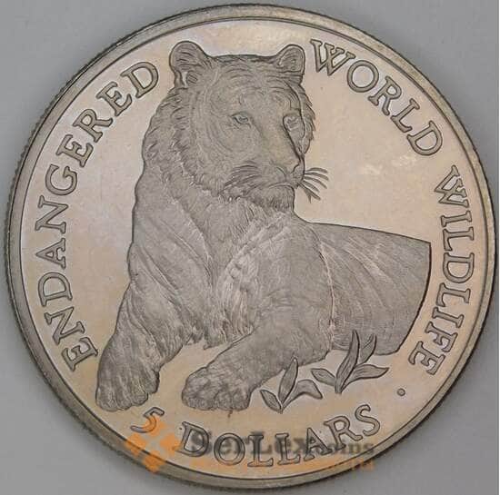 Кука острова 5 долларов 1990 КМ181 Proof Вымирающие виды - Тигр арт. 54824