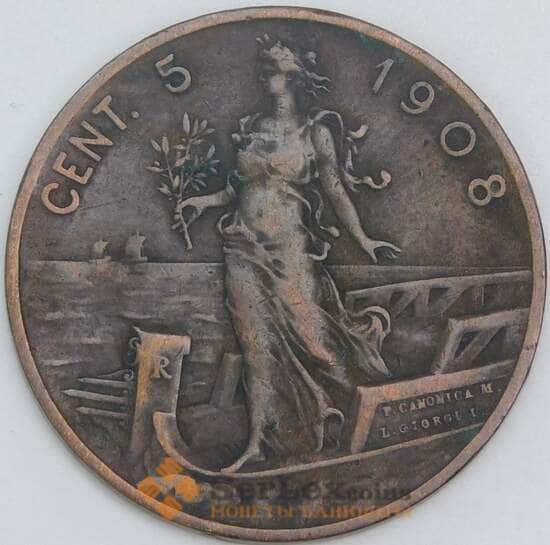Италия 5 чентезимо 1908 КМ42 VF+ арт. 56606