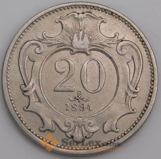 Австрия монета 20 геллеров 1894 КМ2803 VF арт. 46137